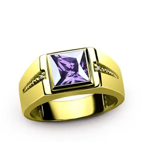 10K Mens Gold Ring with Purple Amethyst and Natural Diamonds