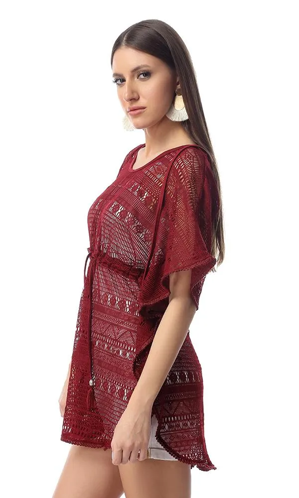 54340 Perforated Burgundy Long Top With Drawstring Waist