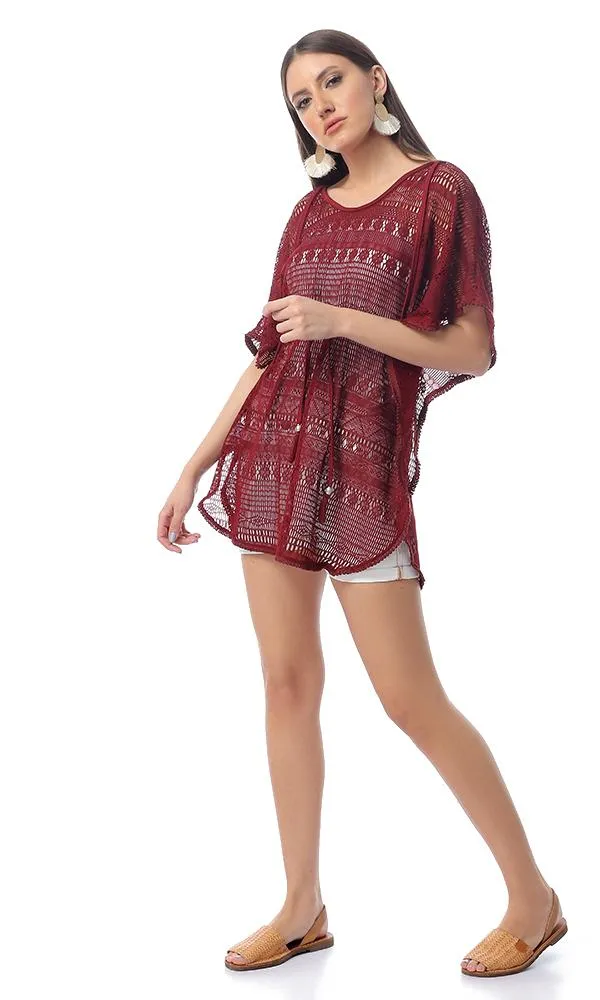 54340 Perforated Burgundy Long Top With Drawstring Waist