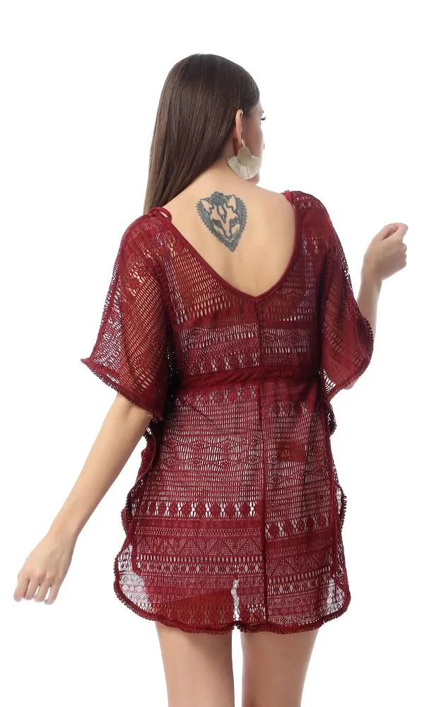 54340 Perforated Burgundy Long Top With Drawstring Waist