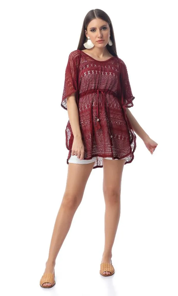 54340 Perforated Burgundy Long Top With Drawstring Waist