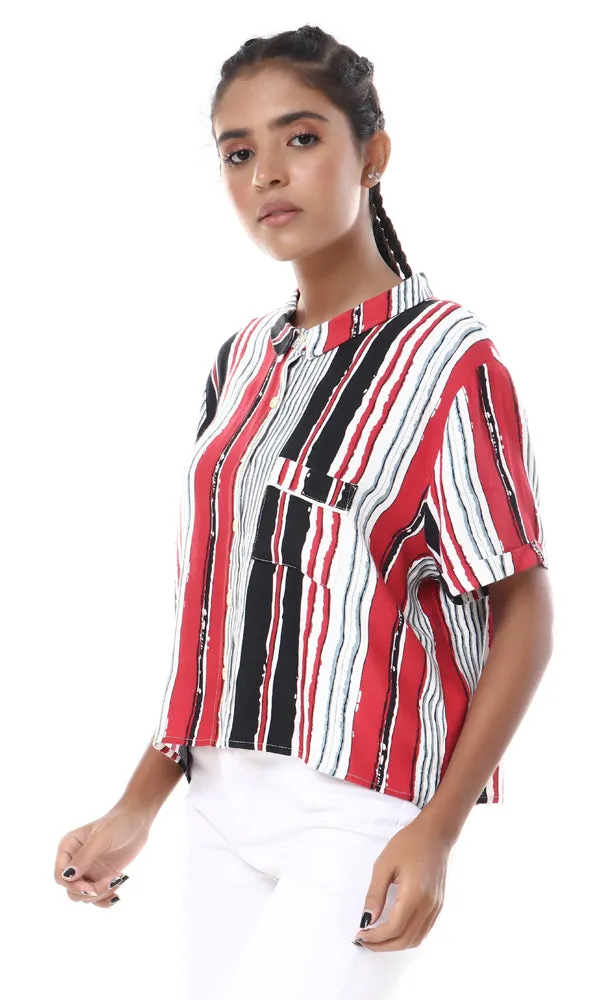 57045 Striped Short Sleeves Buttoned Crop Shirt