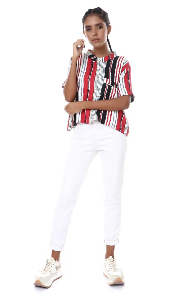 57045 Striped Short Sleeves Buttoned Crop Shirt