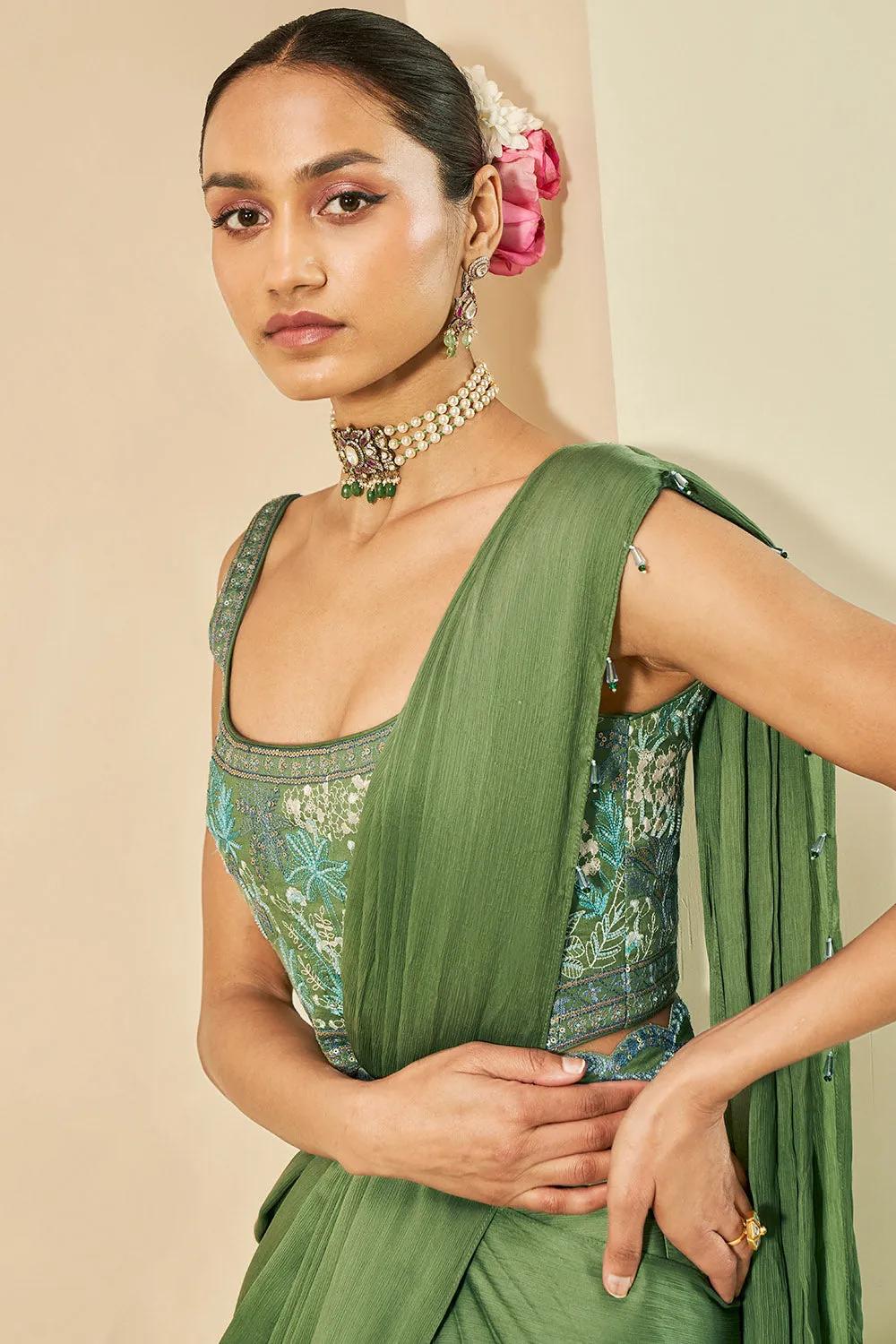 Aelfdene Embroidered Pre-draped Chiffon Saree