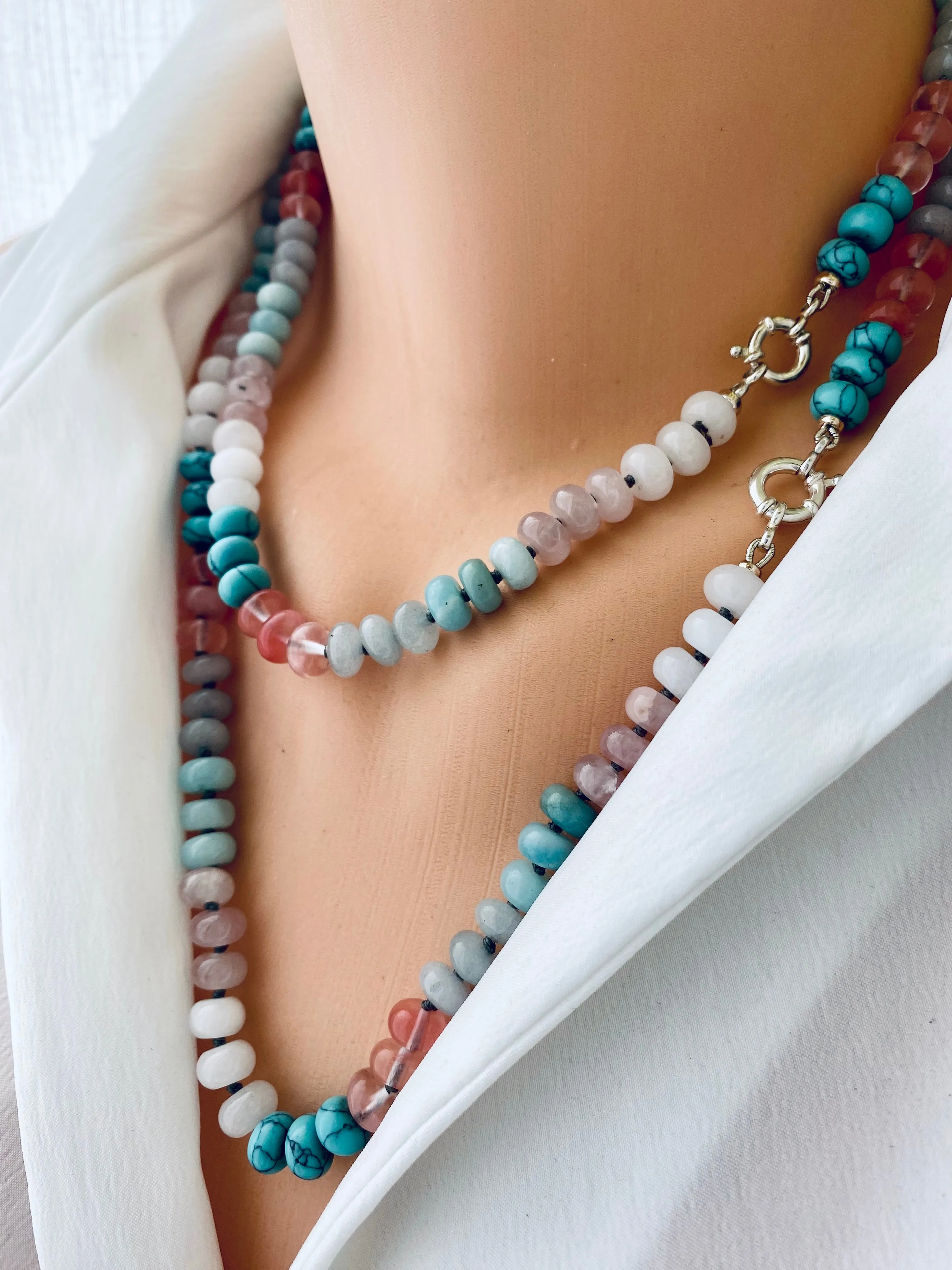 Amazonite, Rose Quartz, Jade Pastel Candy Necklace, Silver Marine Clasp, 18or 23in