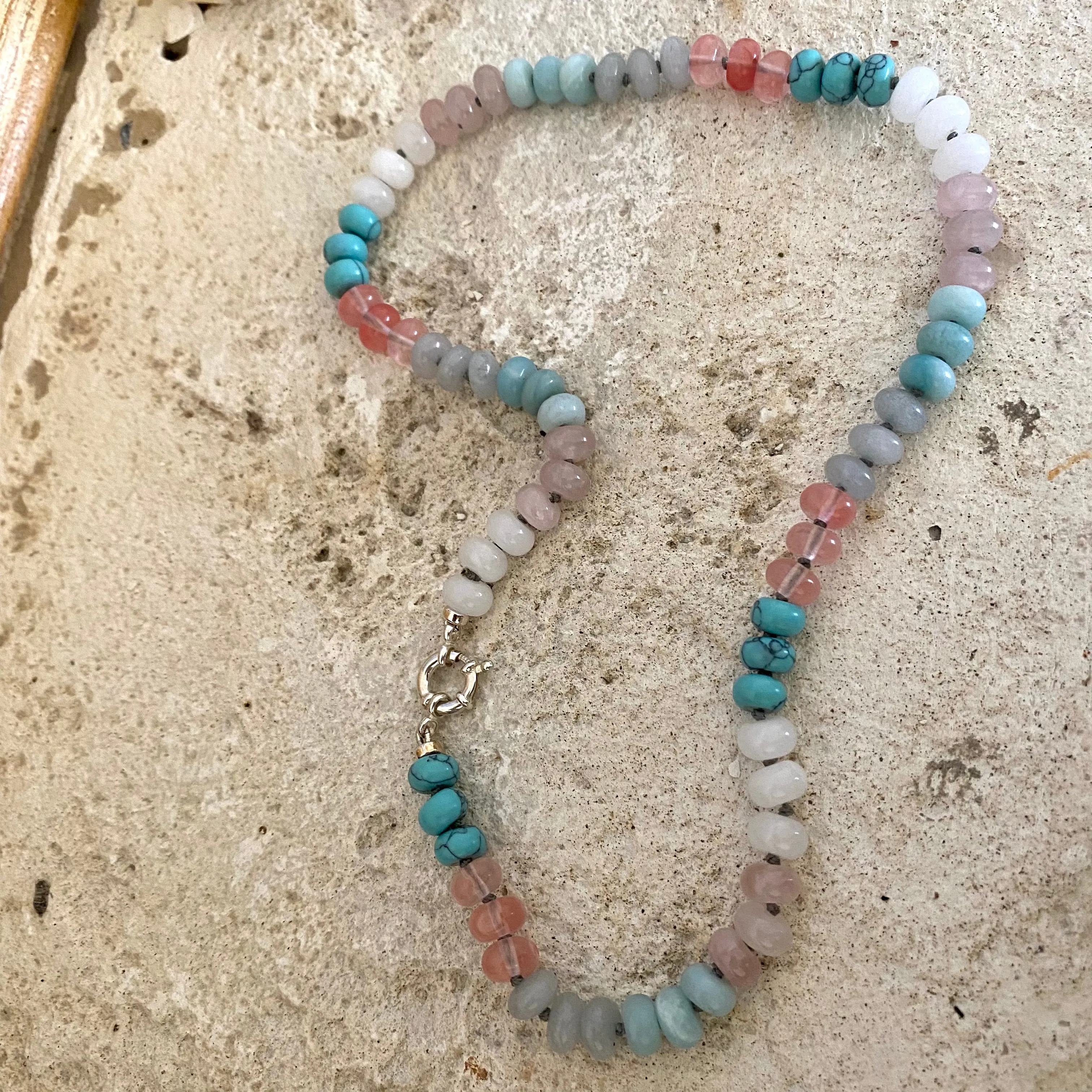 Amazonite, Rose Quartz, Jade Pastel Candy Necklace, Silver Marine Clasp, 18or 23in