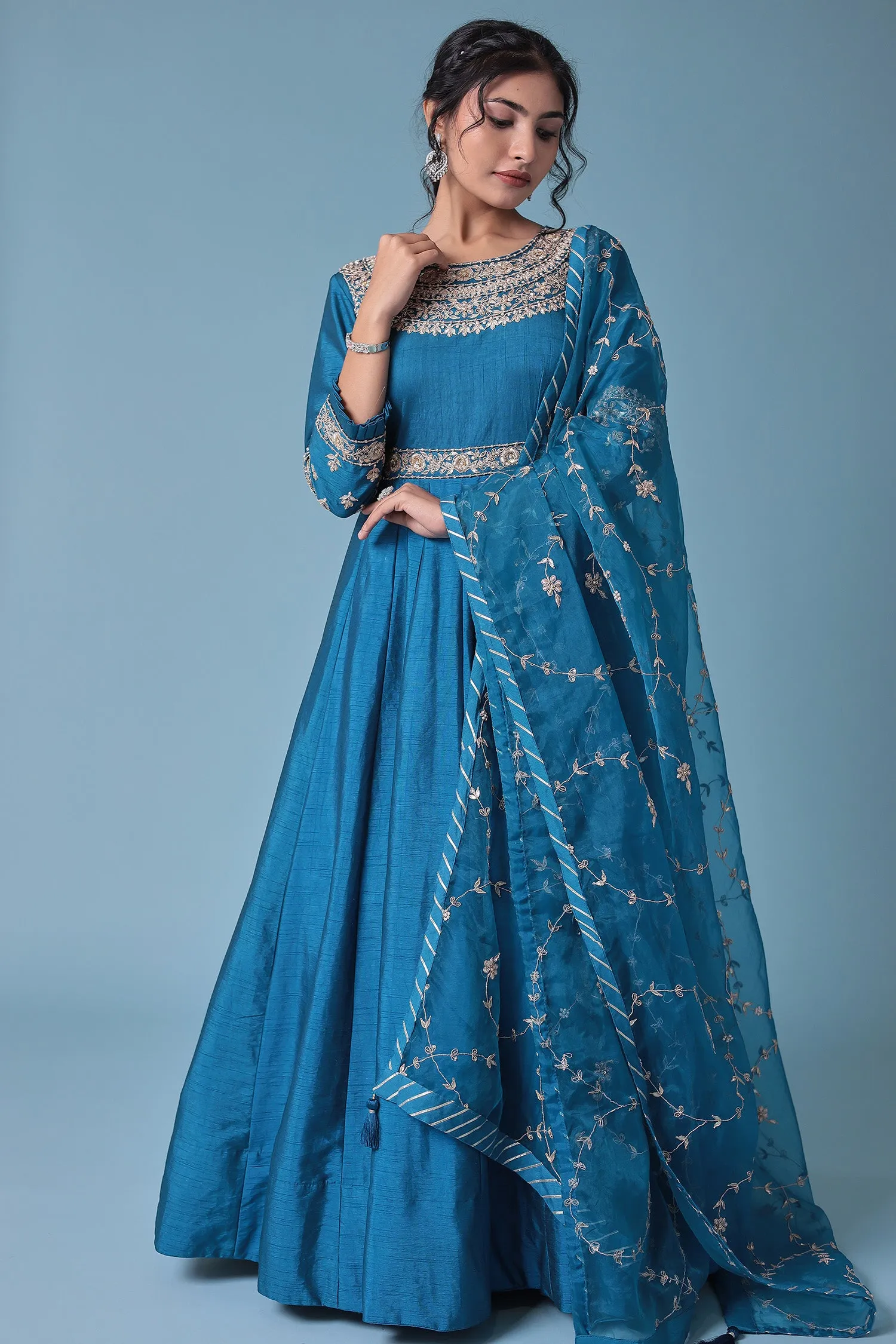 Anarkali Embellished Silk Suit with Embroidered Dupatta