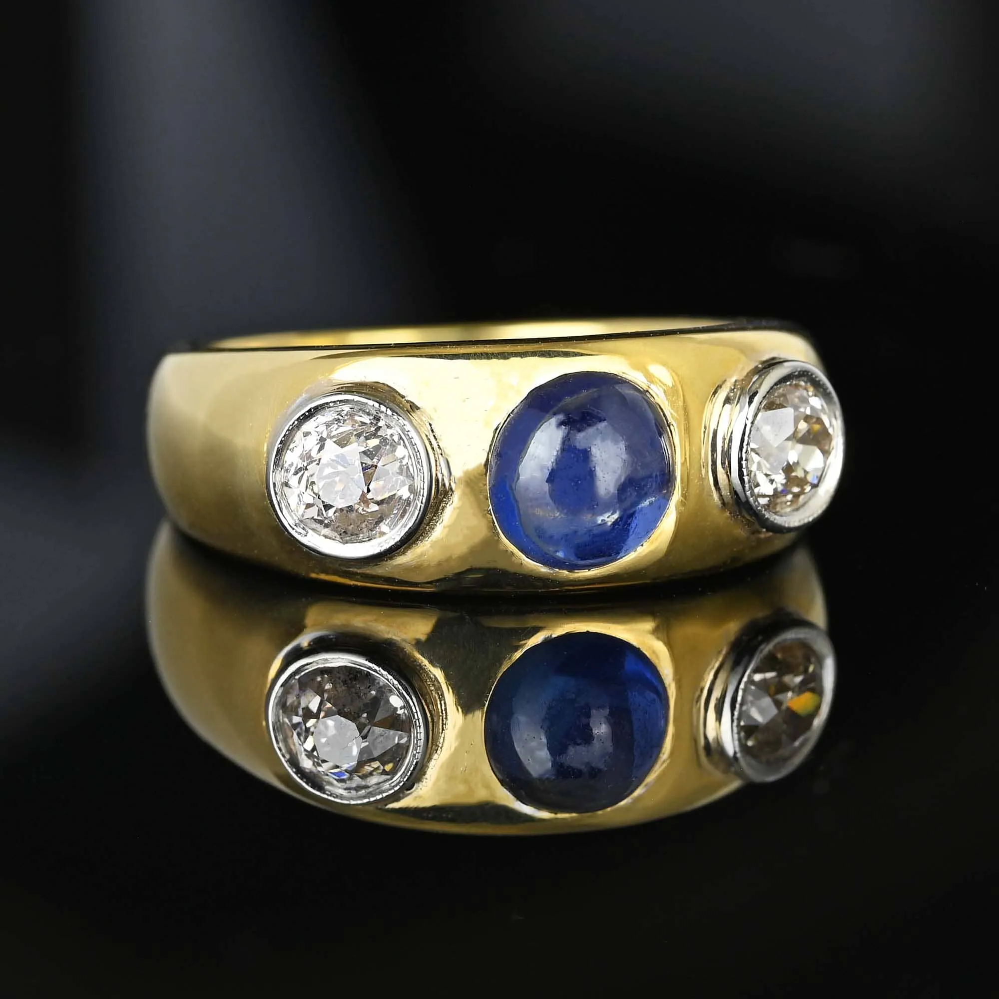 Art Deco 18K Gold Mine Cut Diamond Cabochon Sapphire Ring Band