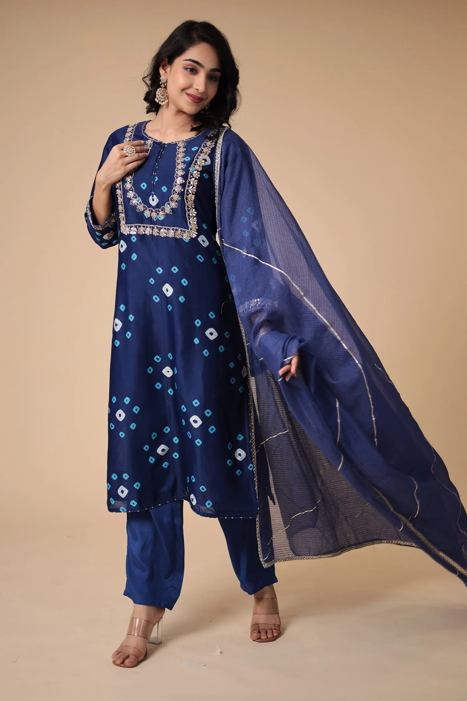 Bandhej Chanderi Silk Suit with Embroidered work