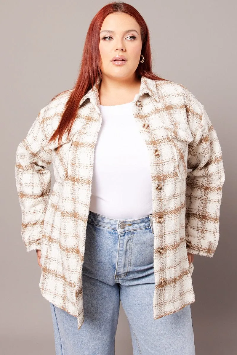 Beige Check Relaxed Shirt Long Sleeve Shacket