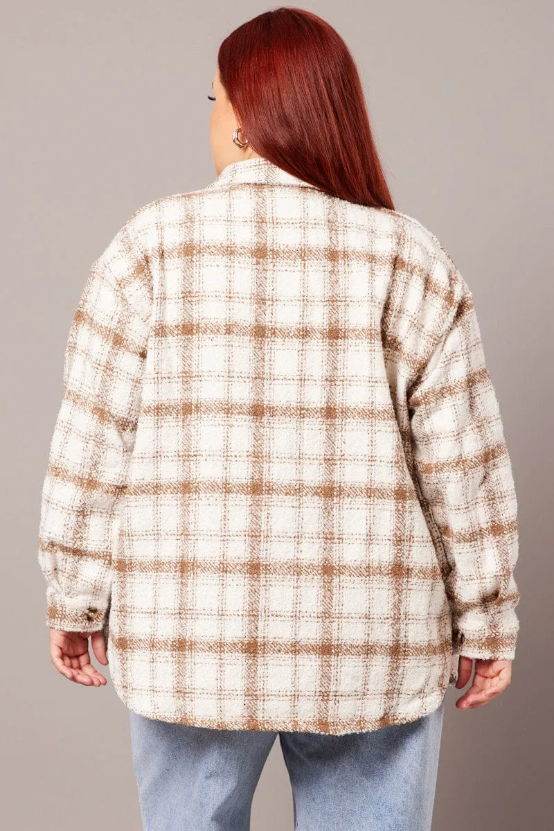 Beige Check Relaxed Shirt Long Sleeve Shacket