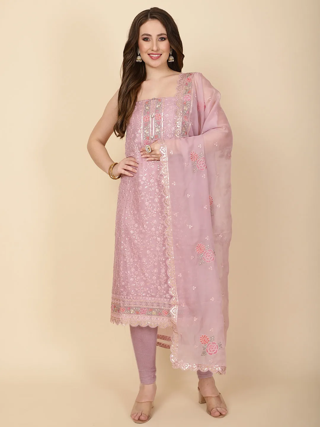 Booti Embroidered Organza Unstitched Suit Piece With Dupatta