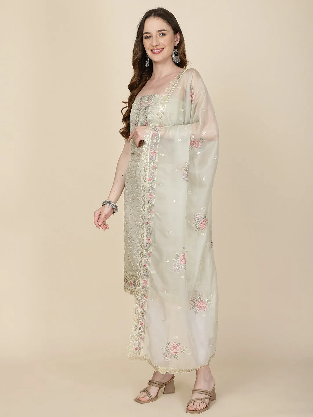 Booti Embroidered Organza Unstitched Suit Piece With Dupatta