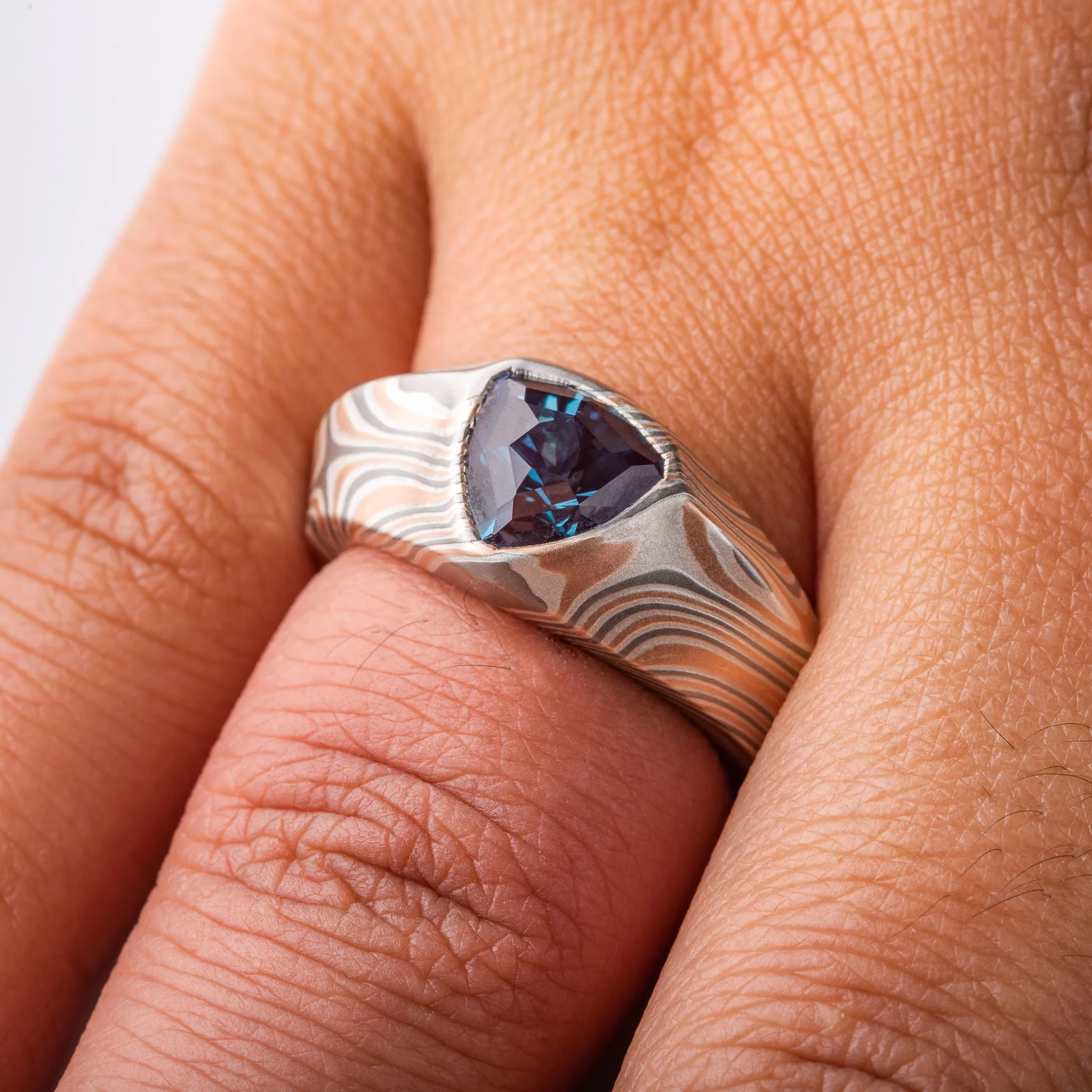 Celestial Ring Set in Mokume Gane Twist Pattern with Alexandrite