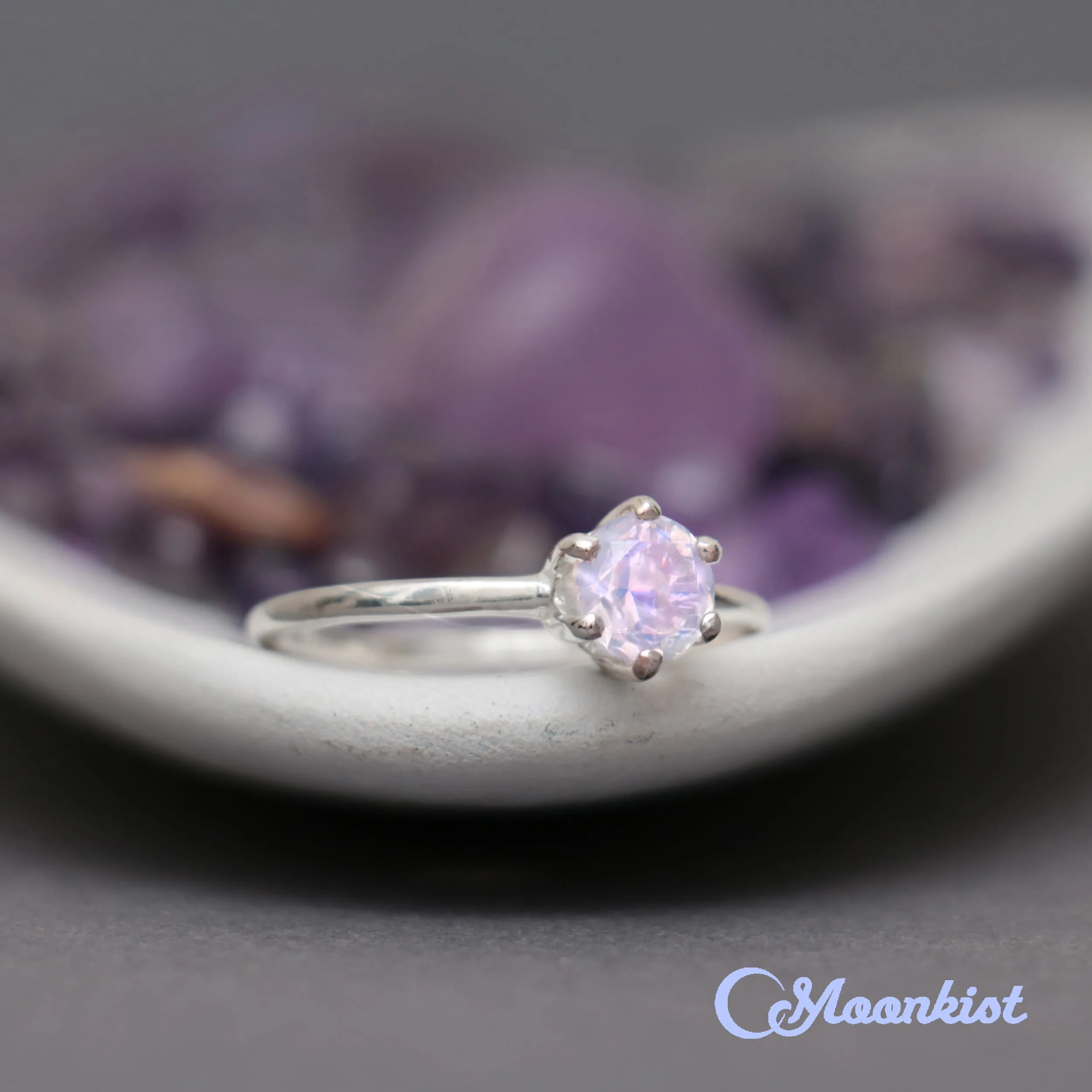 Classic Silver Lavender Moon Quartz Solitaire Gemstone Ring | Moonkist Designs