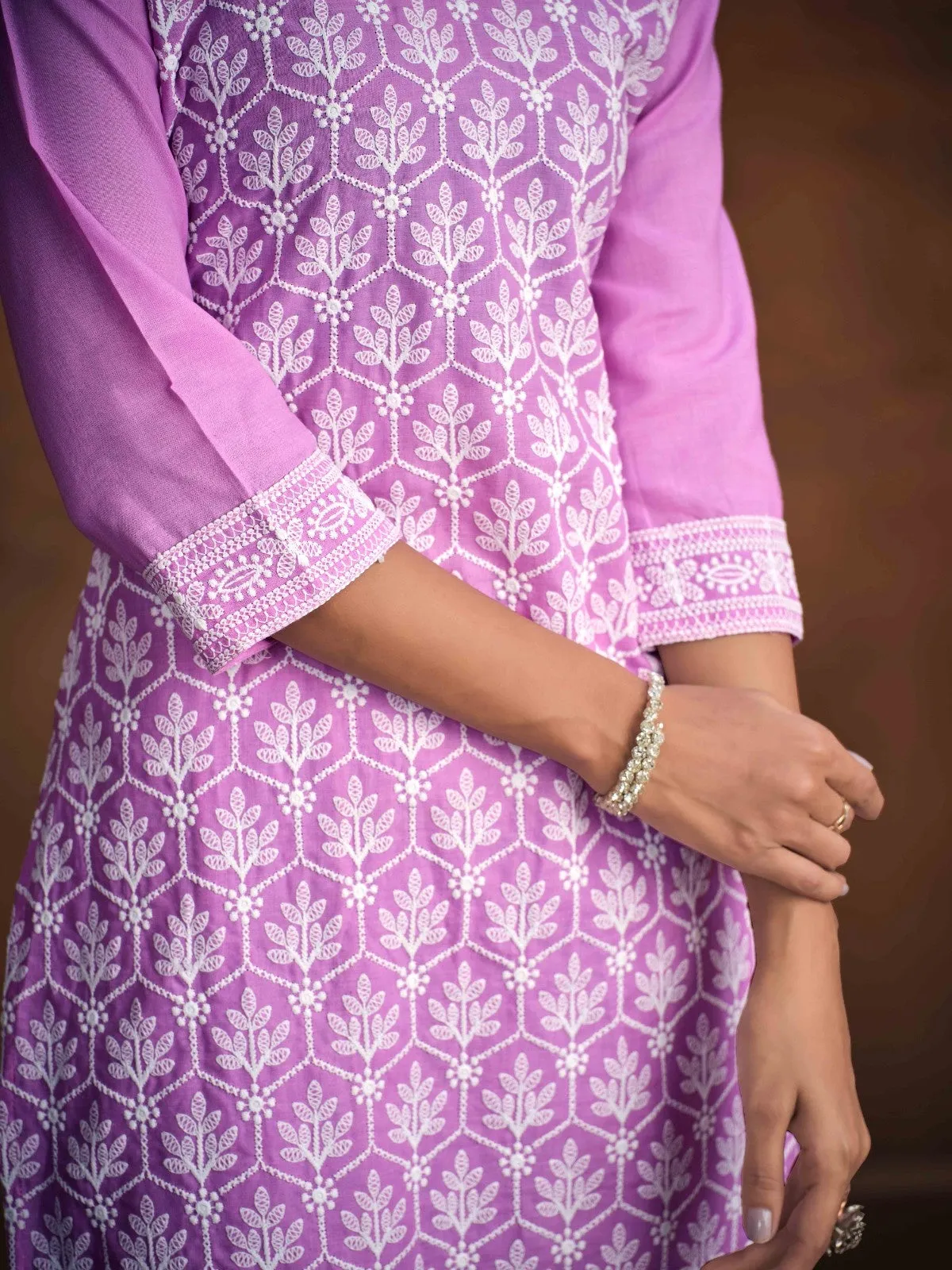 Embroidered Straight Chikankari Pure Cotton Kurta with Trousers & Dupatta