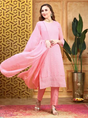 Ethnic Motifs Straight Chikankari Sequin Embellished Kurta with Trousers & Dupatta