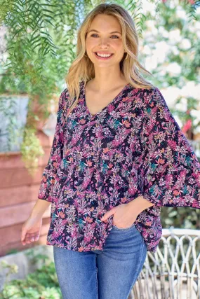 Hailey & CO Navy & Fuchsia Floral Babydoll Bell Sleeve Top