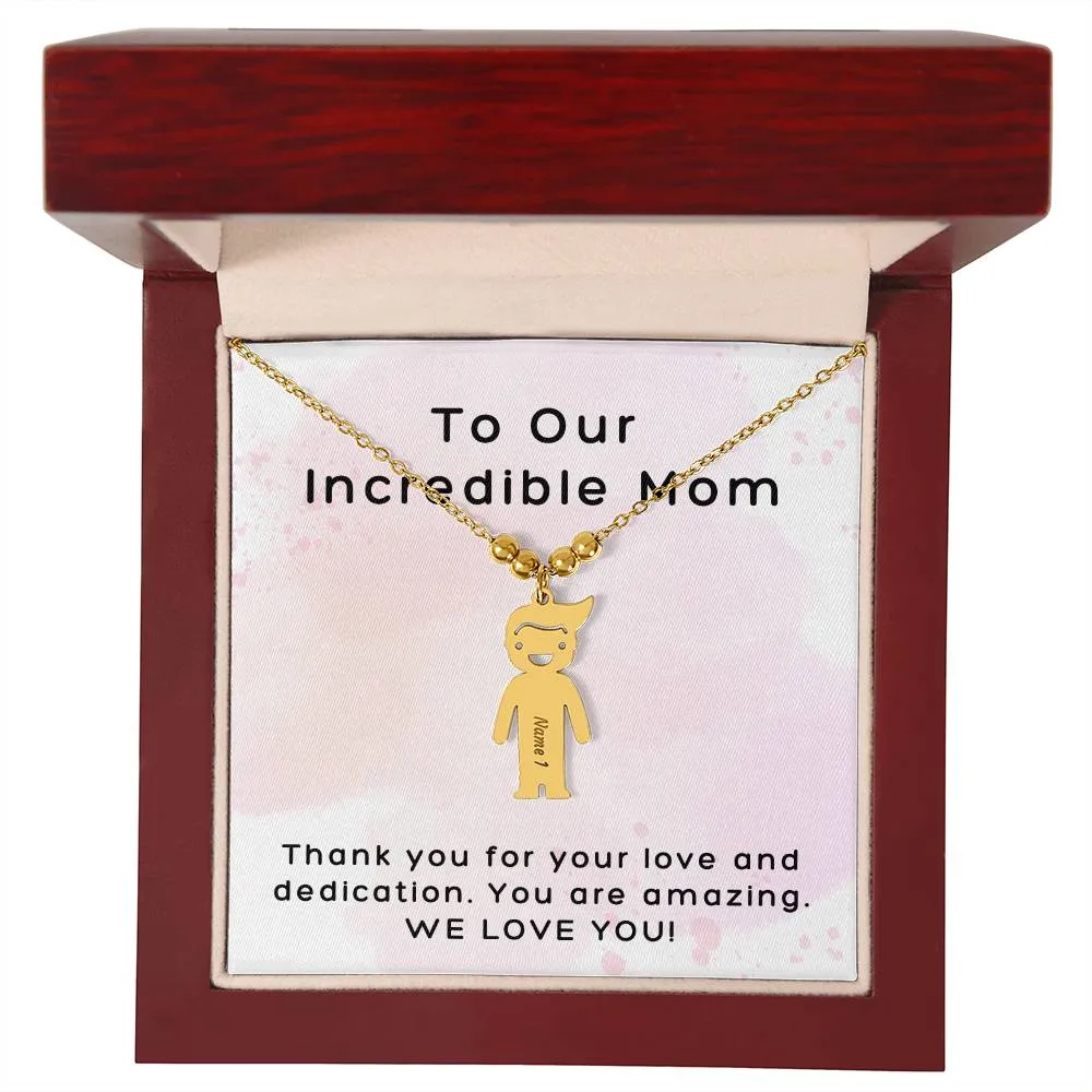 Incredible Mom, Thank You for Your Love, Custom Engraved Kid Charm Necklace