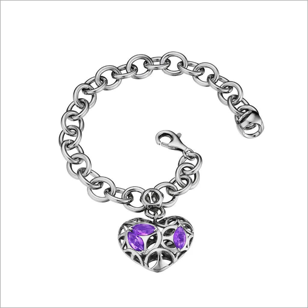 Medallion Silver & Amethyst Heart Bracelet