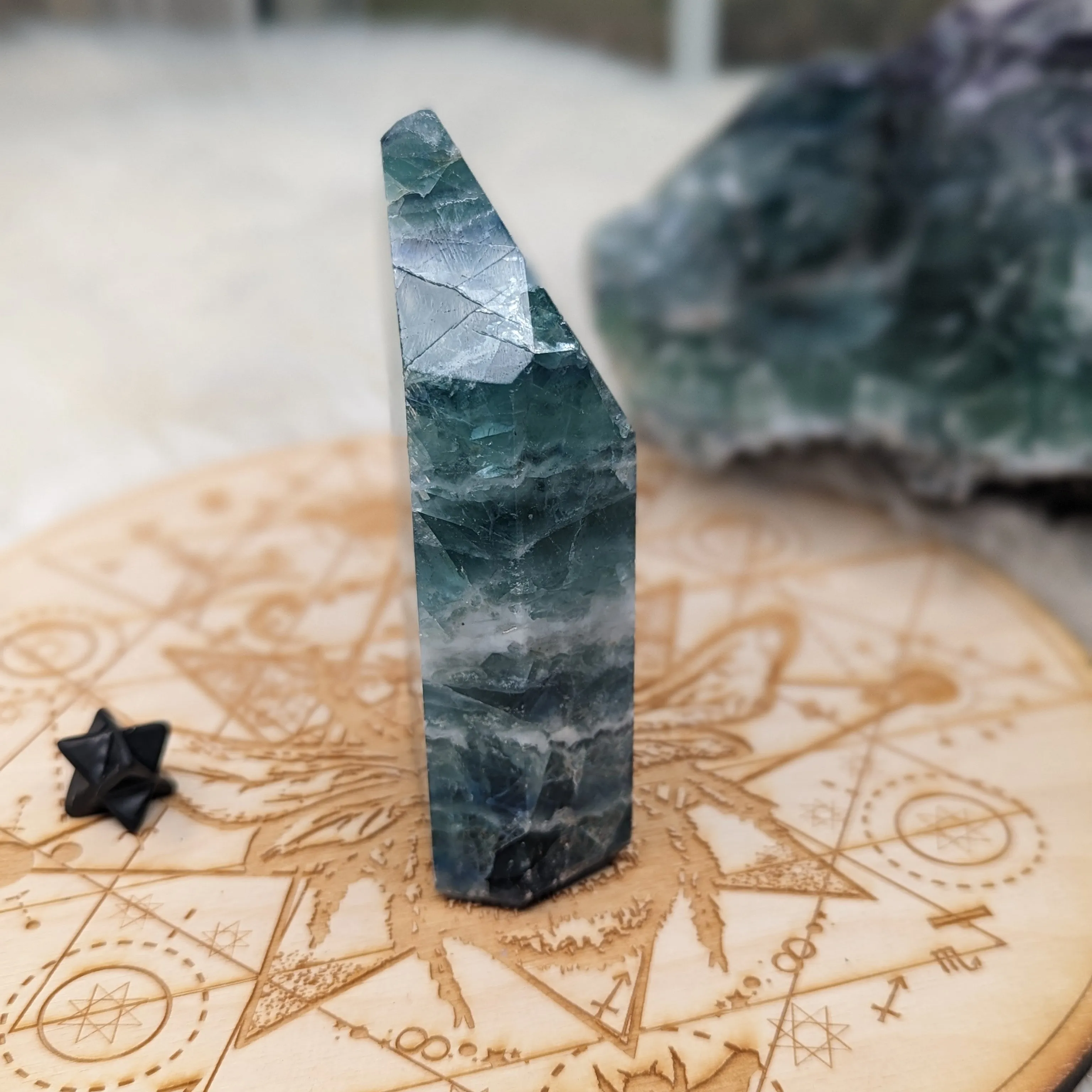 Rainbow Flourite Obelisk Carving with Rainbow Inclusions ~Energy Generator~  Vibrant Greens and Blues