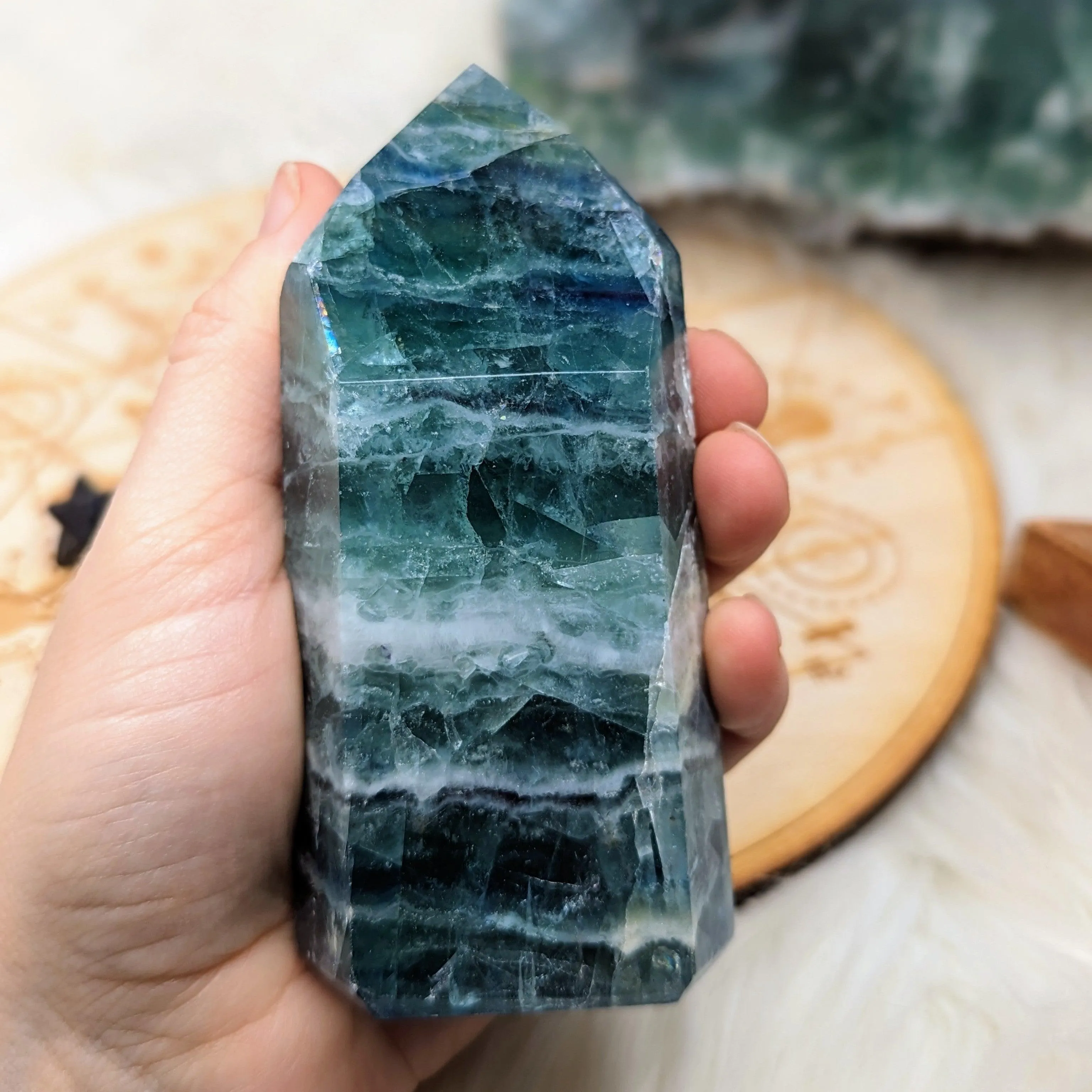 Rainbow Flourite Obelisk Carving with Rainbow Inclusions ~Energy Generator~  Vibrant Greens and Blues