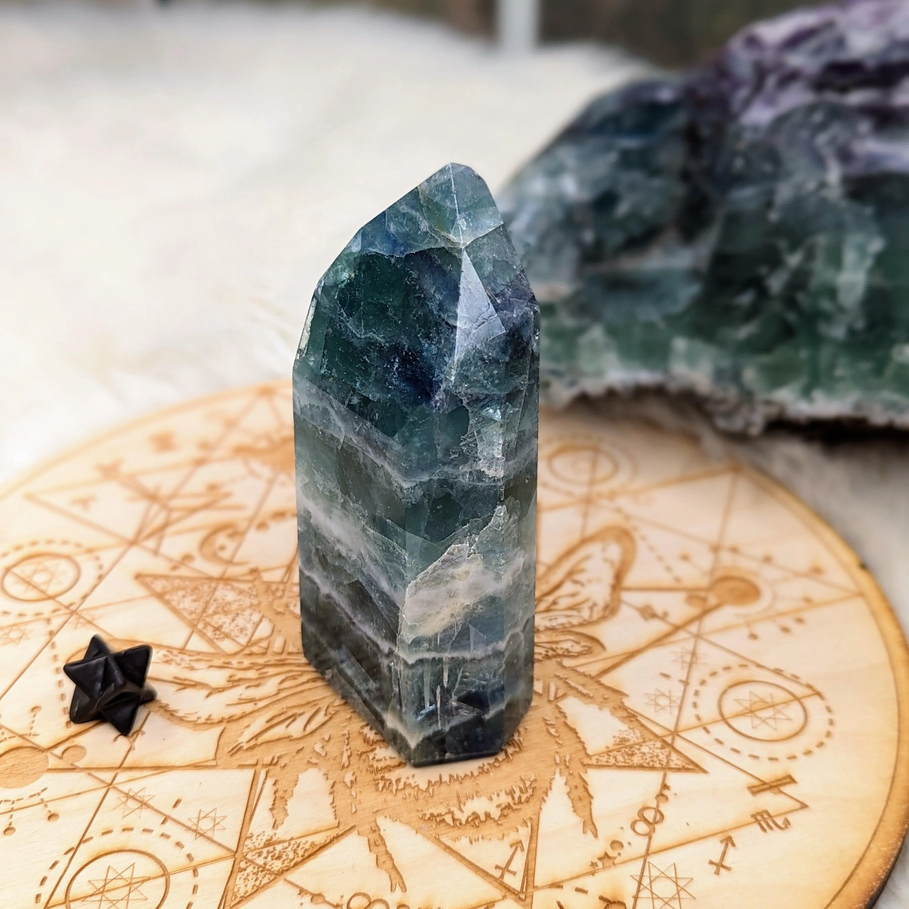 Rainbow Flourite Obelisk Carving with Rainbow Inclusions ~Energy Generator~  Vibrant Greens and Blues