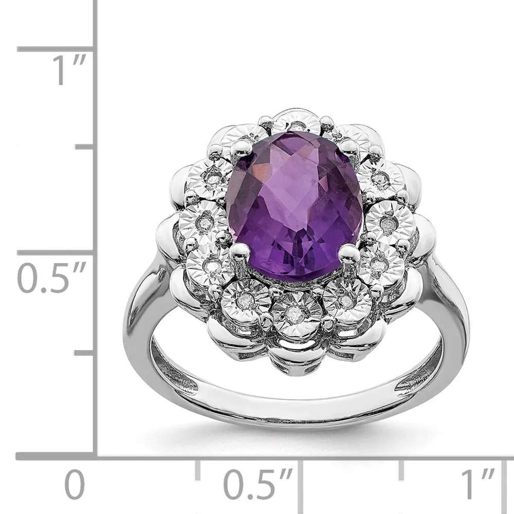 Rhodium-Plated Diamond & Checker-Cut Amethyst Ring in Sterling Silver