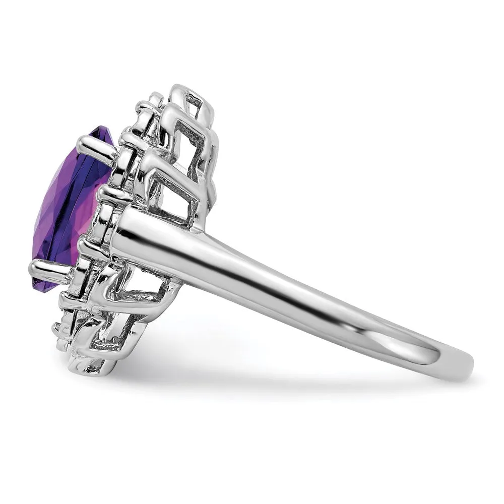 Rhodium-Plated Diamond & Checker-Cut Amethyst Ring in Sterling Silver