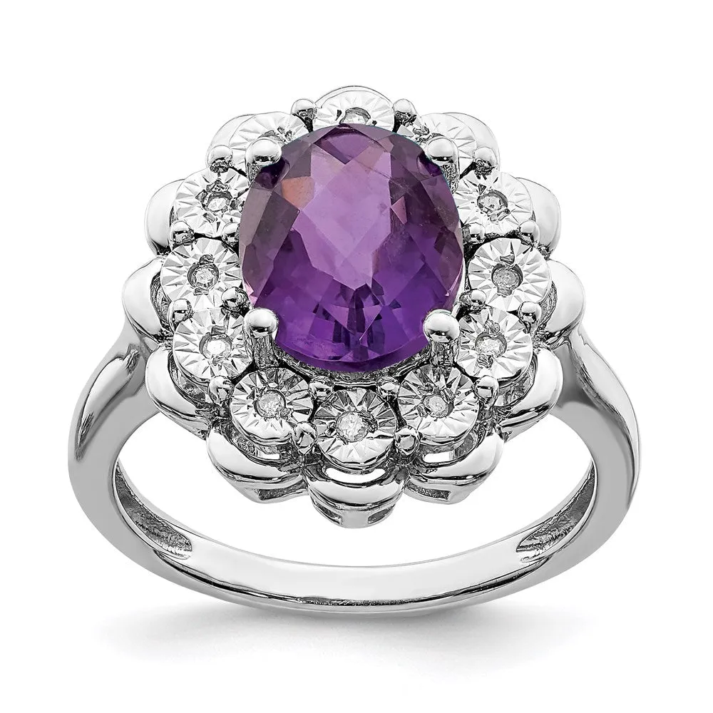 Rhodium-Plated Diamond & Checker-Cut Amethyst Ring in Sterling Silver