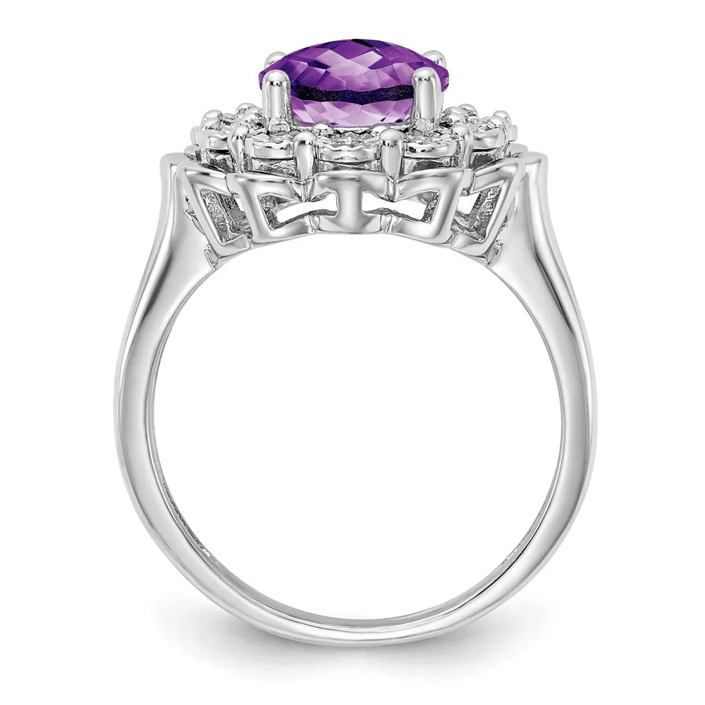 Rhodium-Plated Diamond & Checker-Cut Amethyst Ring in Sterling Silver