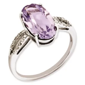 Rhodium-Plated Oval Diamond & Pink Quartz Ring in Sterling Silver