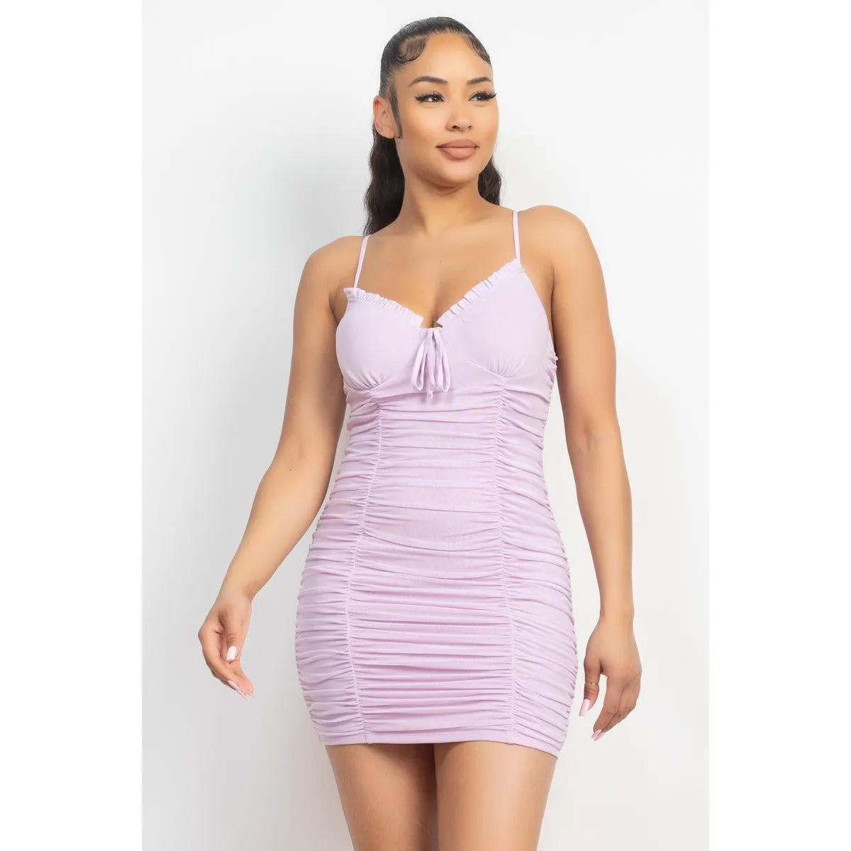 Shirred Bodycon Ruffled Trim Dress