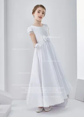 Short Sleeve Jewel Neck Lace Pattern Long Chiffon First Communion Dress With Bow