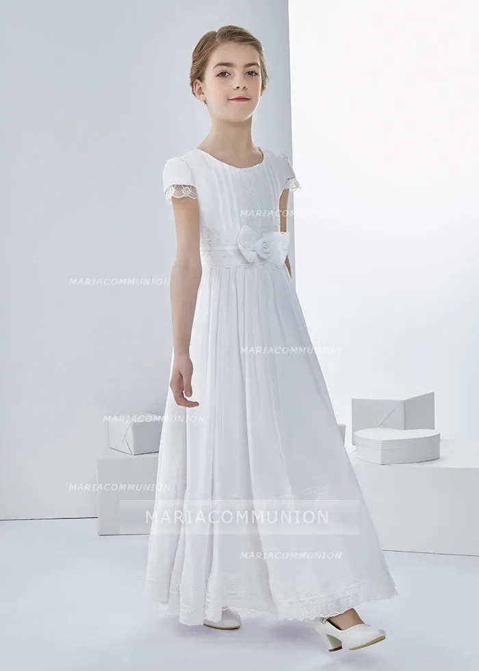 Short Sleeve Jewel Neck Lace Pattern Long Chiffon First Communion Dress With Bow