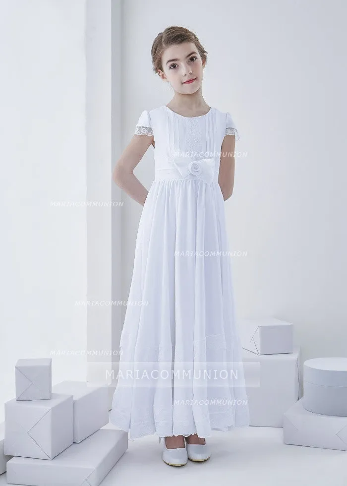 Short Sleeve Jewel Neck Lace Pattern Long Chiffon First Communion Dress With Bow