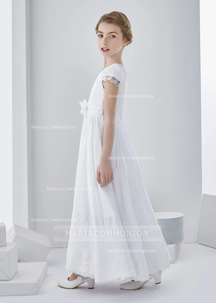 Short Sleeve Jewel Neck Lace Pattern Long Chiffon First Communion Dress With Bow