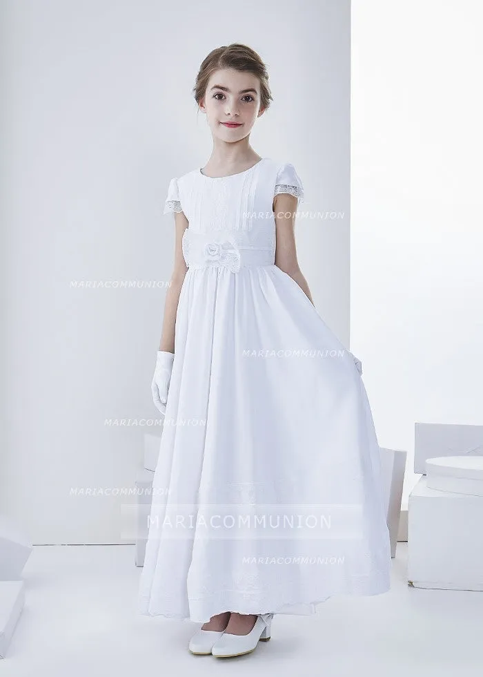 Short Sleeve Jewel Neck Lace Pattern Long Chiffon First Communion Dress With Bow