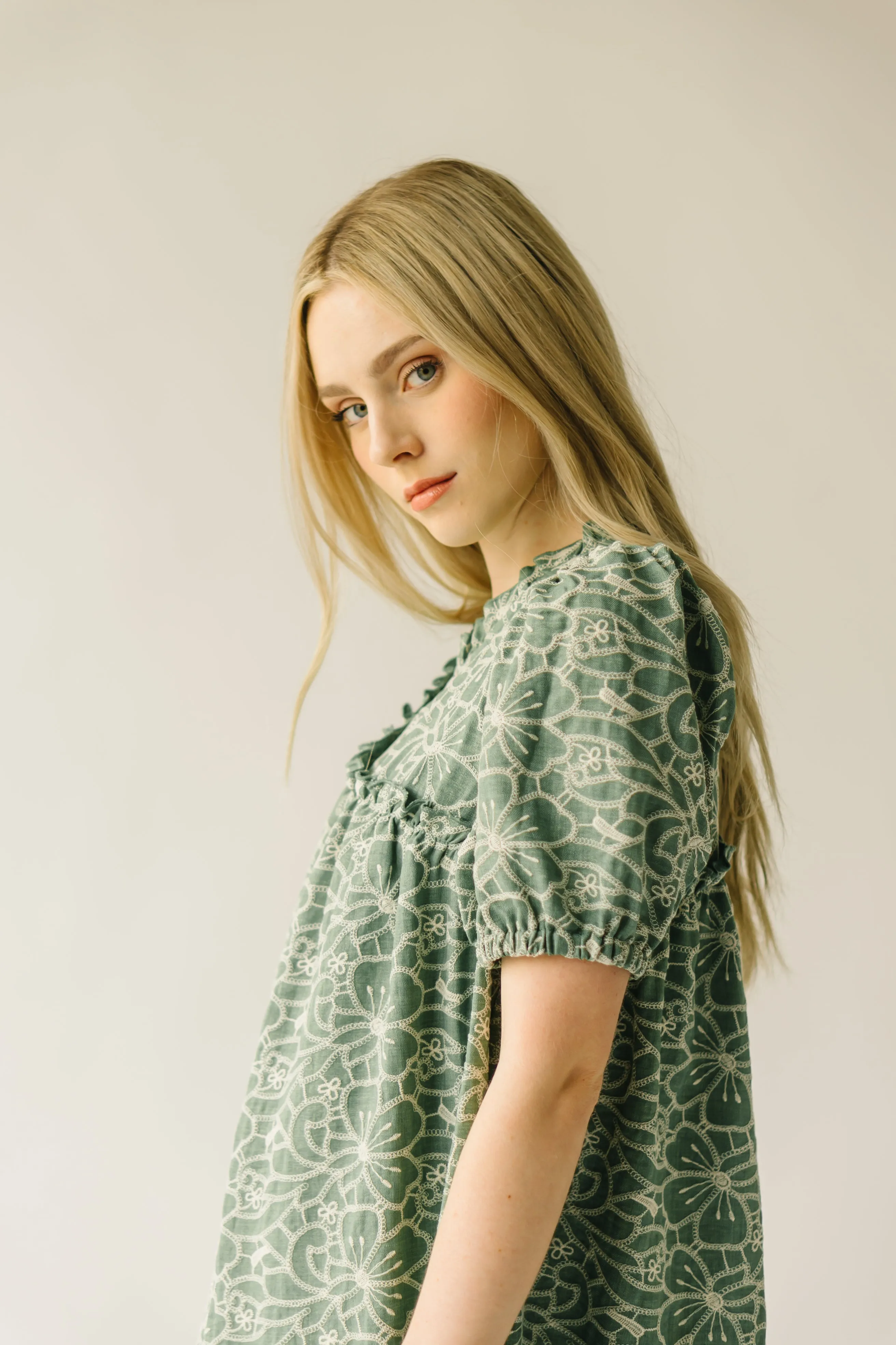 The Enfield Asymmetrical Embroidered Dress in Green