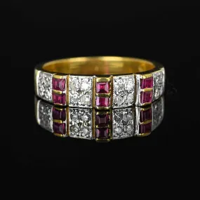 Vintage 18K Gold Diamond Square Cut Ruby Ring Band