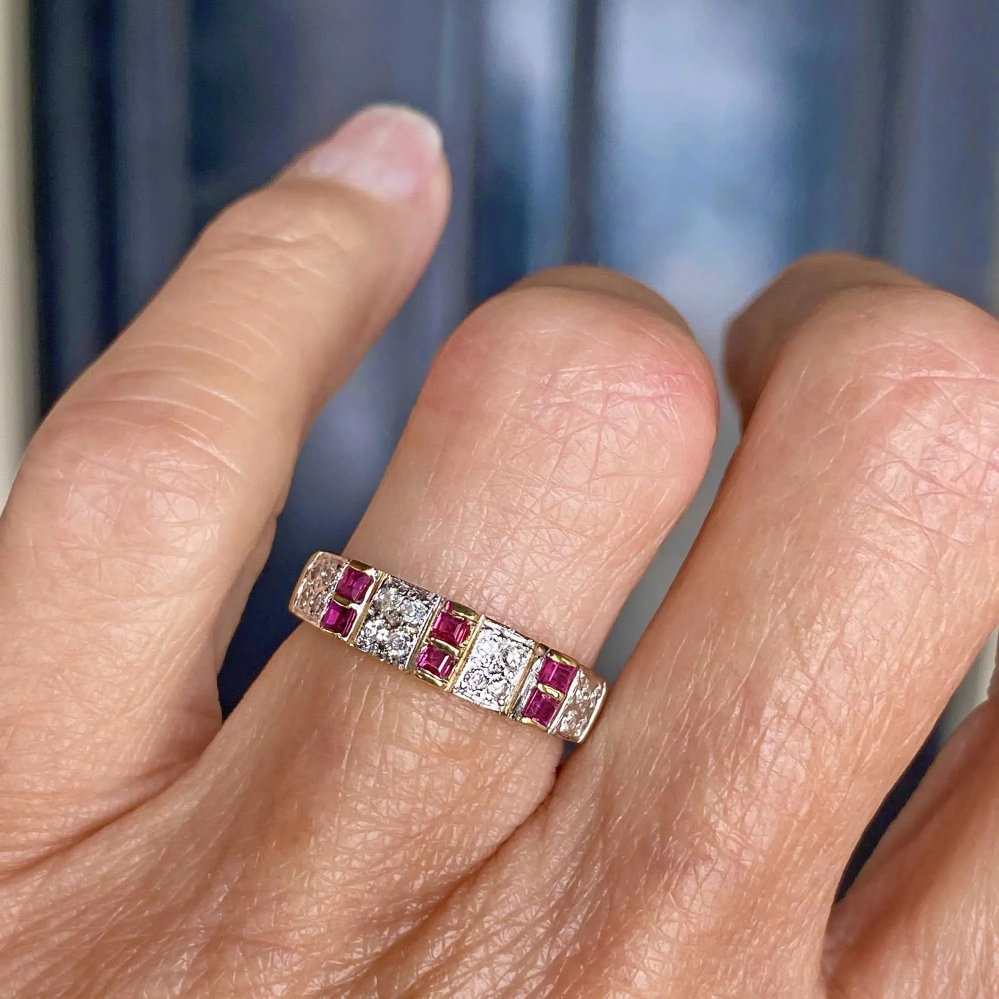 Vintage 18K Gold Diamond Square Cut Ruby Ring Band